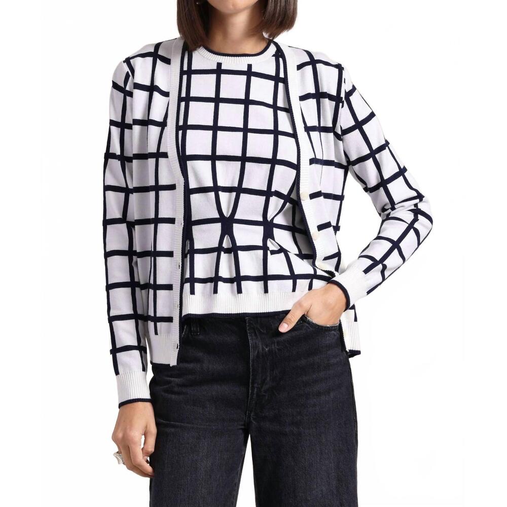 NEW MINNIE ROSE windowpane v-neck cardigan in white/navy